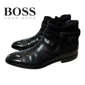 Hugo Boss Men's Black Leather Slip-on Motorcycle Boots 8